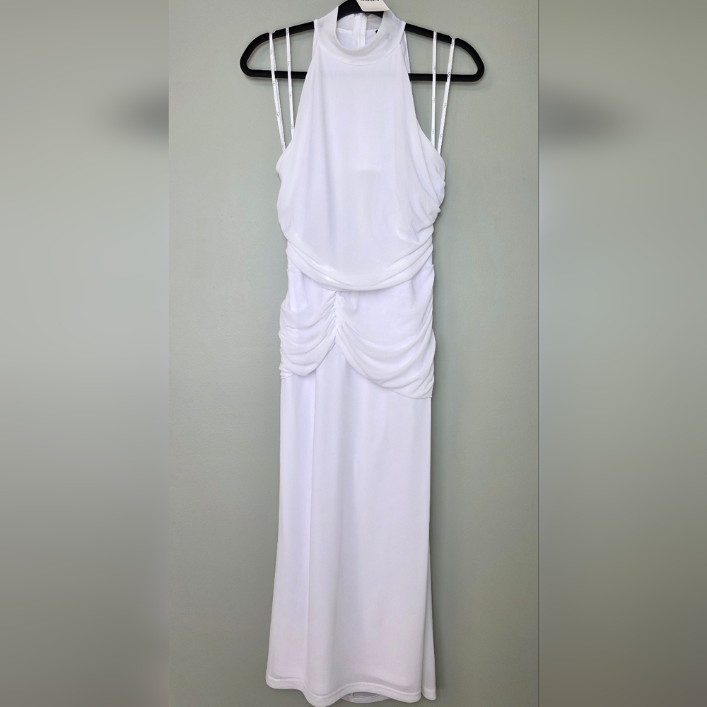 Lulus Audra White Mesh Mock Neck Bodycon Cutout Back Ruched Sides Midi Dress - Picture 6 of 14
